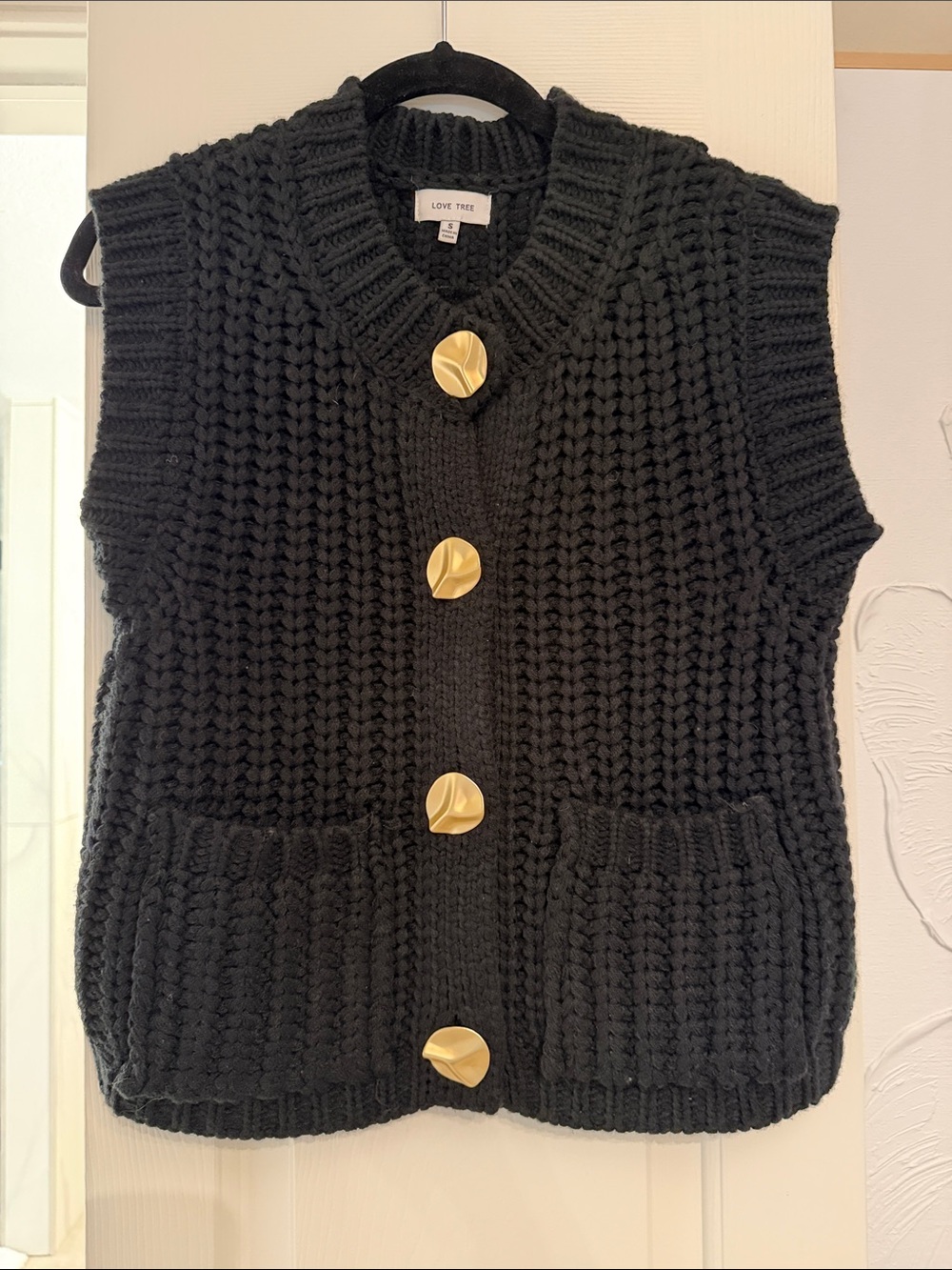 Love Tree Black Chunky Knit Button Front Vest with Large Gold-tone Buttons Small